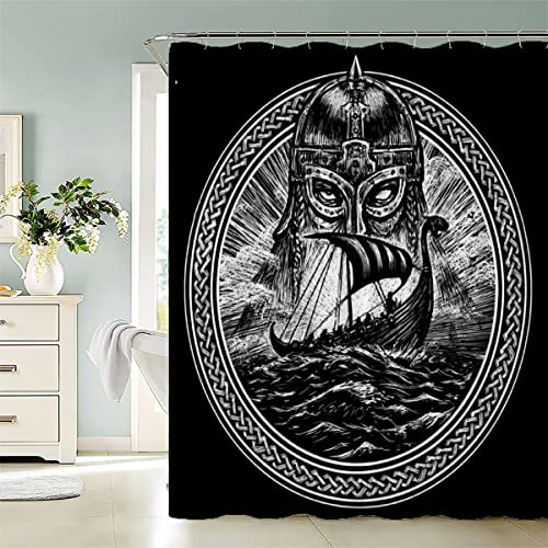 ERDONE Duschvorhang180x200 Wikingerschiff Duschvorhänge Anti-Schimmel Anti-Bakteriell 3D Digitaldruck Waschbar Badewanne Vorhang Polyester Stoff mit 12 Duschvorhangringen Odin Das Sturmmeer von ERDONE