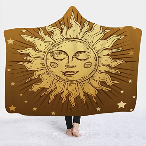 Sonnengesicht Kuscheldecke mit Kapuze,Winter Weich Wohndecke Schlafdecke Sofadecke Plüschdecke Goldenes Symbol Printdesign Couchdecke Wearable Decke für Erwachsene Kind130 x 150 cm von ERDONE