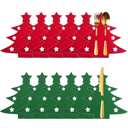 ERFGT 12 Stück Weihnachtsbaum Bestecktasche, Filz, Rot, Grün, 21 x 19 cm, Geschirrhalter von ERFGT