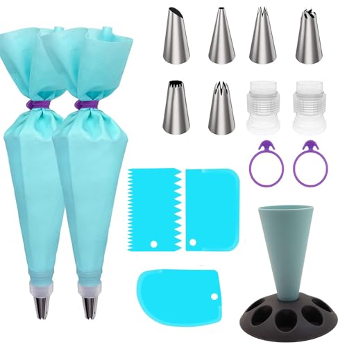 16 Stück Torten Zubehör Set, Spritztüllen Set, Spritzbeutel Set, Spritztüllen Edelstahl Set, Spritzbeutel Ständer, Spritzbeutel mit Tüllen, für Kuchen Torten, Keksen Cupcake, Plätzchen Dekoration von ERFGT