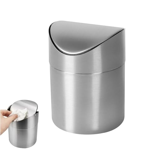 ERFGT Tischabfalleimer Abfallbehälter, Edelstahl Tischabfalleimer, Abnehmbarer Schwingdeckel, Silber Schwingdeckeleimer, Tischmülleimer, Desktop Mülleimer, für Zuhause Büro Waschtisch (16.5x12CM) von ERFGT