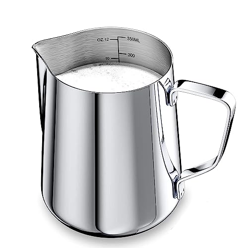 Milch Pitcher Rostfreiem Edelstahl, Milk Pitcher, Handheld Aufschäumkännchen, Milchkännchen 350ML/12OZ, Milchschaumkännchen, Kaffeekännchen, mit Messung Mark, für Cappuccino und Latte Art, Silber von ERFGT