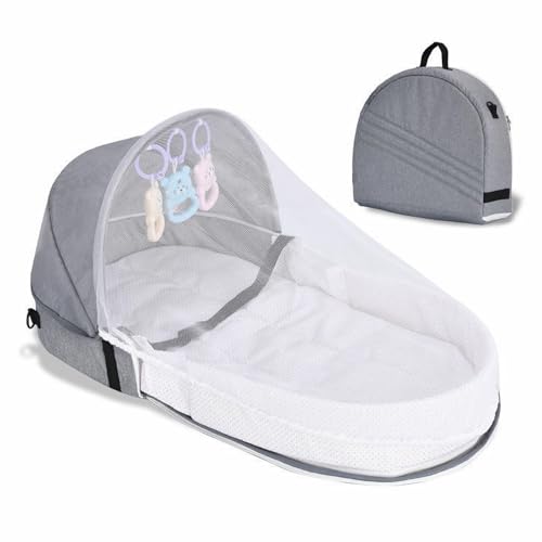 Tragbare Stubenwagen, Faltbare Wiege, Baby Reisebett Faltbar, Reise Stubenwagen mit Spielzeug, Markise und Moskitohaube, Tragbares Babybett, Zusammenklappbar Babybett, für Babys von 0-10 Monaten, Grau Tragbare Stubenwagen, Faltbare Wiege, Baby Reisebett Faltbar, Reise Stubenwagen mit Spielzeug, Markise und Moskitohaube, Tragbares Babybett, Zusammenklappbar Babybett, für Babys von 0-10 Monaten, Grau von ERFGT
