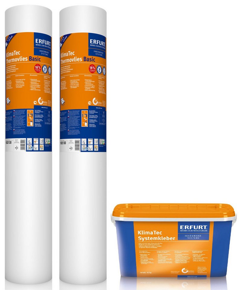 ERFURT Vliestapete KlimaTec Thermovlies Basic Dämmtapete + Kleber Systemkleber Dämmung, (Set, 2 Rollen Thermovlies Basic 10 x 0,75m + 1 Eimer Systemkleber (10kg), Wärmedämmung Wand und Decke von ERFURT