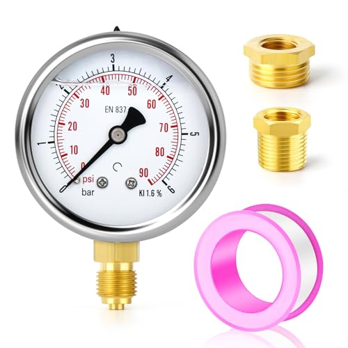 ERGAOBOY 0-6 Bar (0-90 Psi) Edelstahl 1/4" BSP 2.5" Zifferblatt Flüssigkeits Manometer, mit Messingadapter, Untere Montage von ERGAOBOY