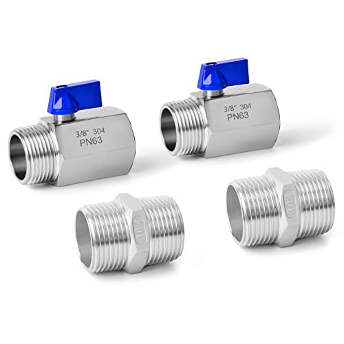 ERGAOBOY 2 Stück 3/8" BSP-Innengewinde x 3/8" BSP-Außengewinde Hochleistungskugelhahn aus Edelstahl 304 mit 2 Stück 3/8" SUS 304-Sechskant-Männchen von ERGAOBOY