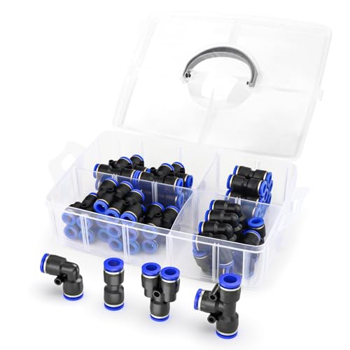 ERGAOBOY 40 Stück Blau 10MM Rohr OD Push to Connect Fittings Pneumatische Schnellverschluss-Verbinder Kit Push Lock, Teiler+ Winkel+ T- Stück+ Gerade von ERGAOBOY