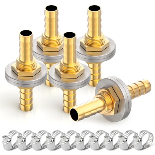 ERGAOBOY 5 Stück 14MM bis 14MM Messing Schlauch Barb Thru-Bulk Kopf Hex gerade Union Fitting mit 10 St. Schlauchschellen von ERGAOBOY
