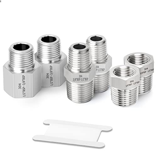 ERGAOBOY 6 STÜCKE 3/8" BSP x 1/2" BSP geschmiedete Edelstahl Rohrverschraubung, Sechskantbuchse, Reduzieradapter, Reduzier Sechskant Nippelverbinder von ERGAOBOY