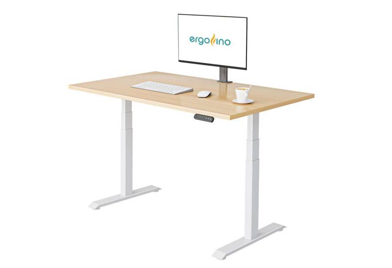 ERGOFINO Schreibtisch Elektrisch höhenverstellbarer Schreibtisch DT30 (höhenverstellbarer Schreibtisch 140x80 cm, elektrisch schreibtisch mit GS-Zertifiziert, 2 Motoren, 3-Fach Teleskop, 3 Memoryfunktion), Gestell Weiß inkl. Buche Tischplatte von ERGOFINO