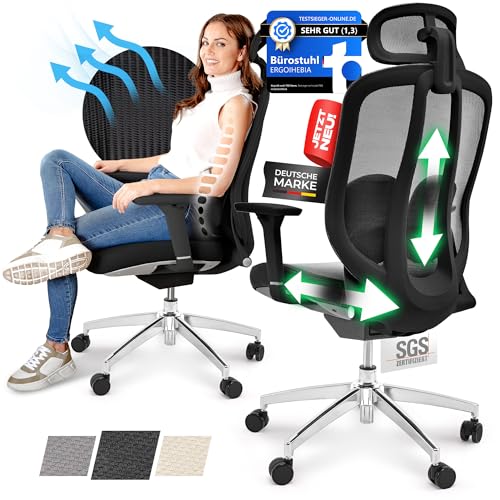 ERGOIHEBIA® Bürostuhl Ergonomisch TESTSIEGER, Schreibtischstuhl [VERSTELLBARE Kopf- und Lendenwirbelstütze] Office Chair Ergonomic mit Armlehnen | Bürostuhl mit Rollen rückenschonend bis150kg Schwarz von ERGOIHEBIA