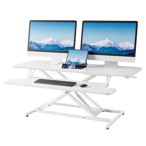 ERGOMAKER Steh-Sitz Schreibtischaufsatz Höhenverstellbar, Stehpult Aufsatz Schreibtisch 106 X 40CM Desktop Erhöhung mit Tastaturablage Für Zwei Monitore,Weiß von ERGOMAKER