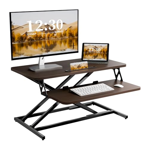 ERGOMAKER Stehpult Höhenverstellbarer Schreibtischaufsatz, Sitz Steh Computertisch 80 X 40CM mit Zwei Monitoren Tastaturablage Schwarzwalnuss von ERGOMAKER