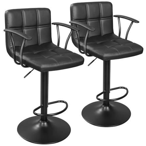 ERGOSEAT Barhocker 2er-Set, Armlehne, verstellbare Drehbarhocker mit Rückenlehne, Doppelnadel, PU-Leder, Thekenhöhe, Stühle für Küche, lsland (schwarz) von ERGOSEAT