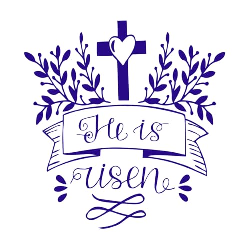 Handlettering Bibelvers He is risen with cross Fine Carving Aufkleber, 42 x 43,5 cm, Store-Dekoration, Dunkelblau von ERGOU