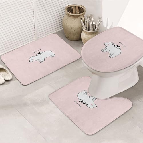 Badezimmer Set,rutschfeste Badematte und WC-Vorleger-Set,Großer weißer hübscher Eisbär mit kleinem Pinguin-Rosa Kindisch ist schön,weich,wasserabsorbierend,WC-Garnitur, 3-teilig von ERICAT