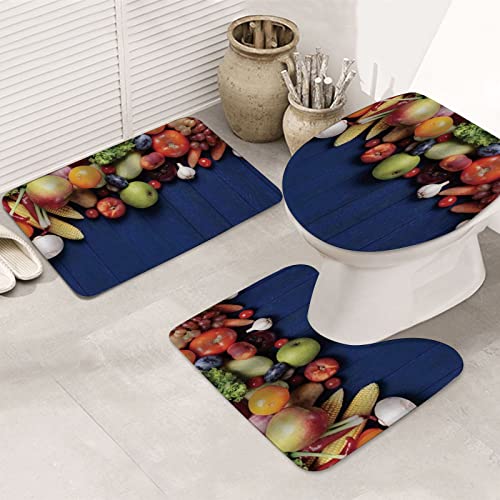 Badezimmermatte, dreiteiliges Set saugfähiger und rutschfester Bodenmatten,Ernten Sie frisches Bio-Obst und Gemüse auf blauem Holztisch Natürliche vegane Optionen ,verwendet für Badezimmer und Duschen von ERICAT