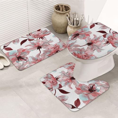 ERICAT Badezimmer Set,rutschfeste Badematte und WC-Vorleger-Set,Blue Flower Rose Floral rful Kastanienbraun Allover Beautiful,weich,wasserabsorbierend,WC-Garnitur, 3-teilig von ERICAT