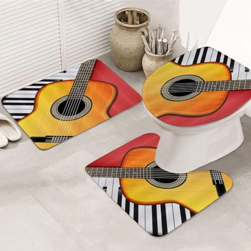 ERICAT Badezimmer Set,rutschfeste Badematte und WC-Vorleger-Set,Gitarre und Klavier Musikinstrument Musikthema,weich,wasserabsorbierend,WC-Garnitur, 3-teilig von ERICAT