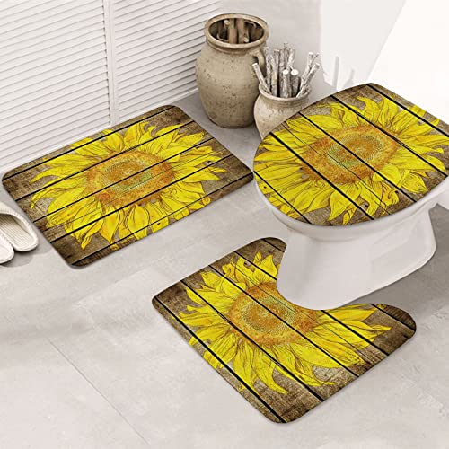 ERICAT Badezimmermatte, dreiteiliges Set saugfähiger und Rutschfester Bodenmatten,Blume Gelbe Sonnenblume Blume auf Holzbrett,verwendet für Badezimmer und Duschen von ERICAT