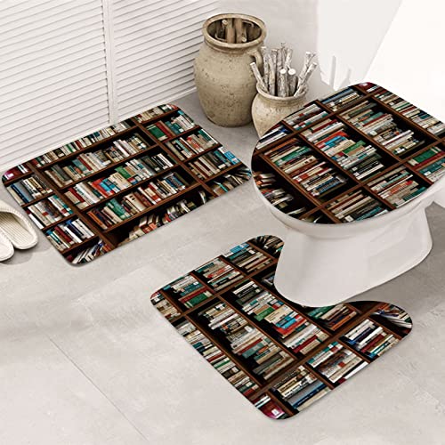 ERICAT Badezimmermatte, dreiteiliges Set saugfähiger und Rutschfester Bodenmatten,Bücherregal der Bibliothek mit Buchsammlungen,verwendet für Badezimmer und Duschen von ERICAT