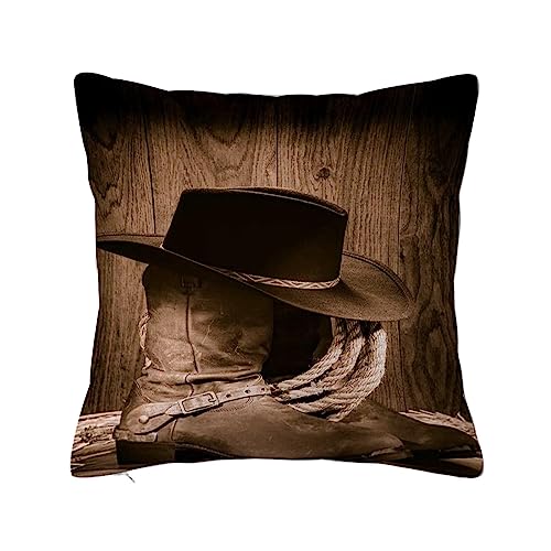 ERICAT Überwurf Kissen Fall Quadratisch Kissenbezug,American West Rodeo Cowboy Schwarzer Filzhut ATOP Worn Western Boots and Sporen,Home Dekorative Sofa Sessel Schlafzimmer Wohnzimmer 45x 45cm von ERICAT