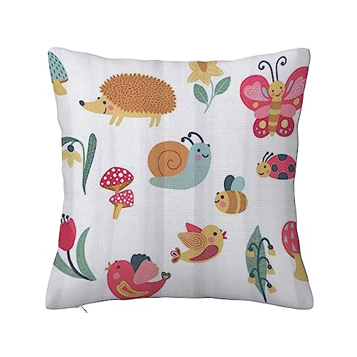 ERICAT Überwurf Kissen Fall Quadratisch Kissenbezug,Cartoon Igel Vogel Schnecke Biene Marienkäfer Schmetterling Pilz Blume,Home Dekorative Sofa Sessel Schlafzimmer Wohnzimmer 45x 45cm von ERICAT