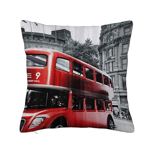 ERICAT Überwurf Kissen Fall Quadratisch Kissenbezug,Schwarz-Weiß-Bild mit rotem Londoner Bus,Home Dekorative Sofa Sessel Schlafzimmer Wohnzimmer 45x 45cm von ERICAT