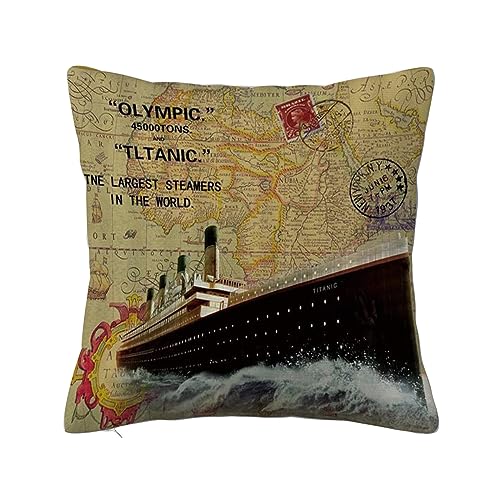 ERICAT Überwurf Kissen Fall Quadratisch Kissenbezug,Vintage Titanic Retro Weltkarte Dampfer Stempel,Home Dekorative Sofa Sessel Schlafzimmer Wohnzimmer 45x 45cm von ERICAT