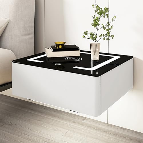 Schwebender Intelligenter Nachttisch mit Ladestation und LED-Leuchten, Nachttischchen zur Wandmontage Tischplatte Aus Gehärtetem Glas mit Automatischem Sensorlicht und Mikrofaserleder ( Color : White2 von ERICAT
