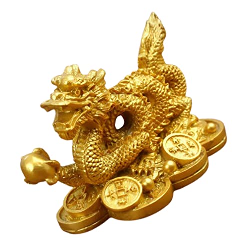 ERINGOGO Drachen-Ornament Drachenstatue des Chinesischen Sternzeichens Reichtum Yuan Bao Chinesische Drachenskulptur Tischdecke Drachenkopf-skulptur Figur Gold Harz Glücksmünze Schreibtisch von ERINGOGO