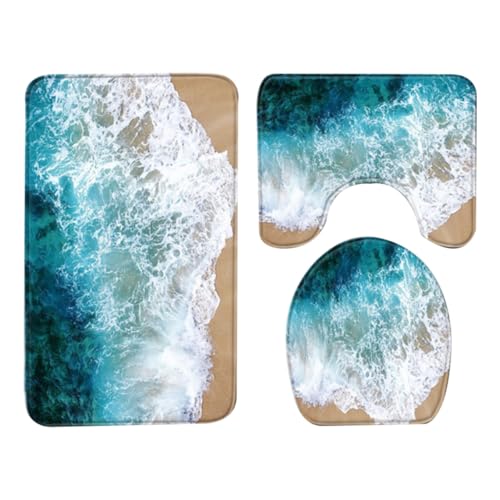ERINGOGO 3 Stück Teiliges Badezimmer Teppich mit Klodeckel Bezug Waschbar rutschfest Starke Wasseraufnahme Strandmotiv Gedruckt Langlebig für Wc und Dusche Geeignet von ERINGOGO
