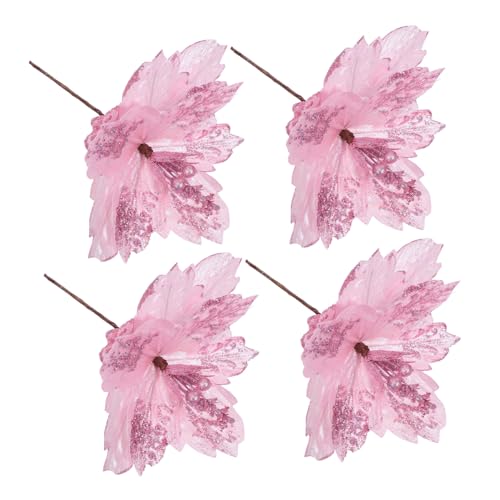 ERINGOGO 4 Stück Künstliche Weihnachtsblumen Rosa mit Glitzer Pailletten Weihnachtssterne für Tischdekoration DIY Kränze und Weihnachtsbaum Ornamente Langlebige Stoffblumen von ERINGOGO