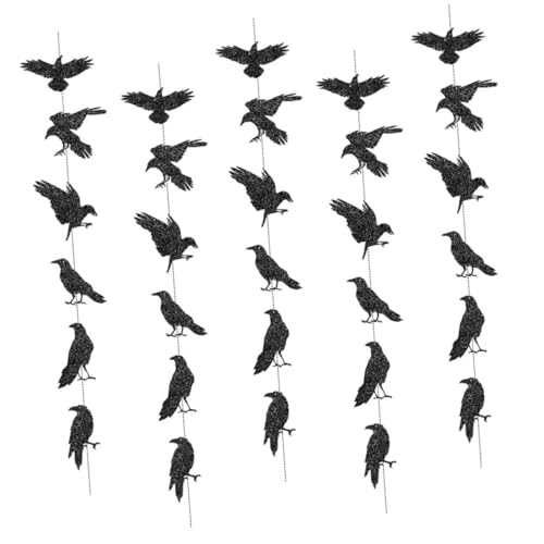 ERINGOGO 5 Stück Teiliges Halloween Raben Banner mit Schwarzem Glitzer Lange Papiergirlande Kreative Gothic Vogel Dekoration für Party Zuhause und Schule Mystisch-spukiger Stil von ERINGOGO