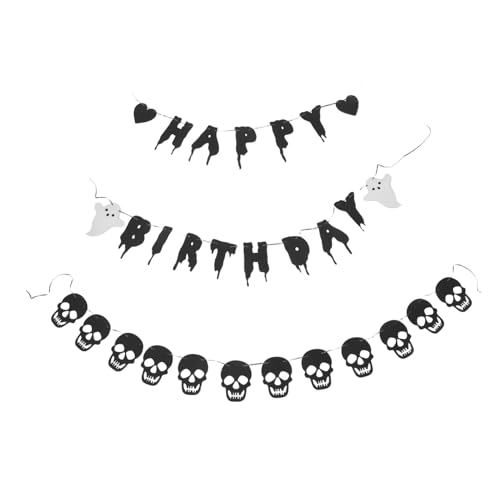 ERINGOGO Halloween Geburtstagsbanner mit und Skelett Schwarze Party Deko für Drinnen und Draußen Vielseitige Festival und Shower Dekoration Einfache Montage Gruselige Wand und Tischgirlande von ERINGOGO