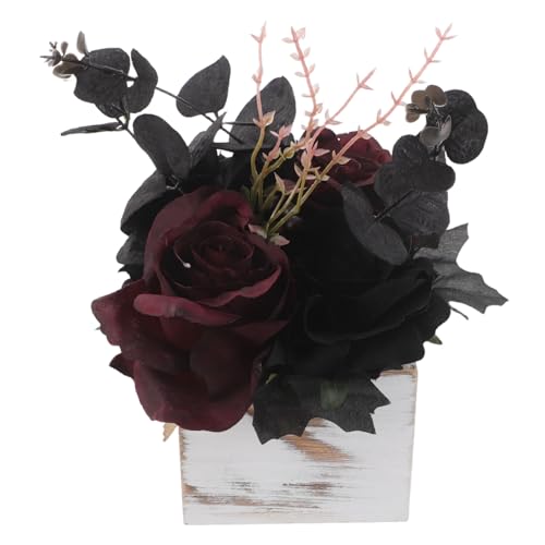 ERINGOGO Künstliche Schwarze Blumen Arrangement in Holztopf Langlebige Halloween-Dekoration Vielseitig für Tisch Regal Innen Außenbereich Stilvolle Faux-Blumen für Wohn Esszimmer von ERINGOGO