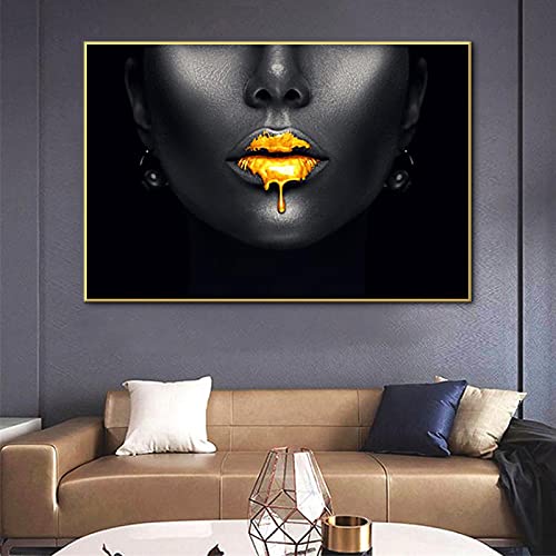 Goldene Lippen Gemälde HD-Druck mit gerahmter Leinwand Wandkunst für Wohnzimmer Schwarze Frau Bild Poster Moderne Wohnkultur 30x40cm Innenrahmen von ERJIE