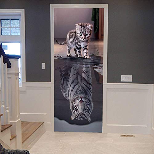 VIRANDA 3D Türtapete Selbstklebend TürPoster - Katze wird Tiger - Türaufkleber Fototapete Abziehen und Aufkleben Türfolie Poster Tapete 77x200cm von VIRANDA
