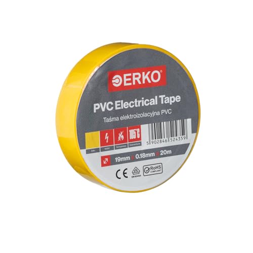 ERKO Isolierband PVC 19mm x 20m | Elektrische Leitungen Reparatur | Gelb I Hochflexibel mit starker Klebekraft | Chemiebeständig, Polyvinyl Chlorid I Universal von ERKO