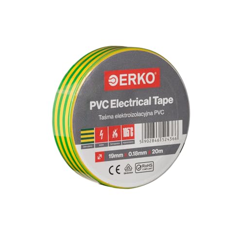 ERKO Isolierband PVC 19mm x 20m | Elektrische Leitungen Reparatur | Gelbgrün I Hochflexibel mit starker Klebekraft | Chemiebeständig, Polyvinyl Chlorid I Universal von ERKO
