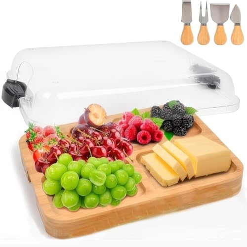 ERNAN Käsebrett mit Deckel für Partys Reisen, Servierplatte mit Fächern Griff für Snacks Fleisch Dessert, Käsebrett aus mit Messer Set, Charcuterie Board Platte Käseplatte (5 Compartments) von ERNAN