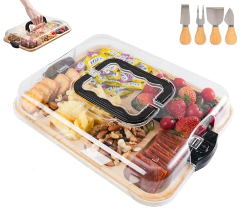 ERNAN Käsebrett mit Deckel für Partys Reisen, Servierplatte mit Fächern Griff für Snacks Fleisch Dessert, Käsebrett aus mit Messer Set, Charcuterie Board Platte Käseplatte (6 Grid) von ERNAN