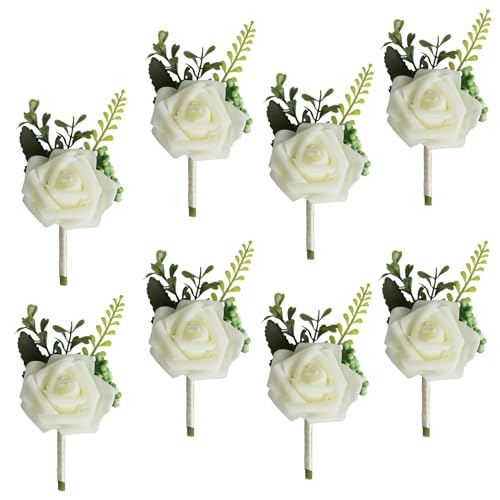 ERNZI 8 Stück Künstliche Handgefertigte Satin Weiße Rose Blumen Hochzeit Blumen Elegante PE-Rosen Brosche - Perfekte Hochzeitsaccessoires für Braut und Bräutigam von ERNZI