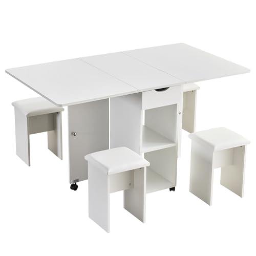EROMMY Esstisch mit 4 Stühlen 140x80x76cm,Klappbarer Klapptisch,2 Ablageflächen und Schubladen und 6 Feststellbaren Rädern für Kompakte Küchen Esszimmer von EROMMY
