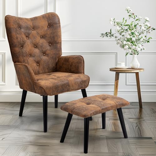 EROMMY Ohrensessel mit Hocker Sessel Wohnzimmer Relaxsessel mit Holzbeinen, Polstersessel fürs Schlafzimmer Gästezimmer Arbeitszimmer, Braun von EROMMY