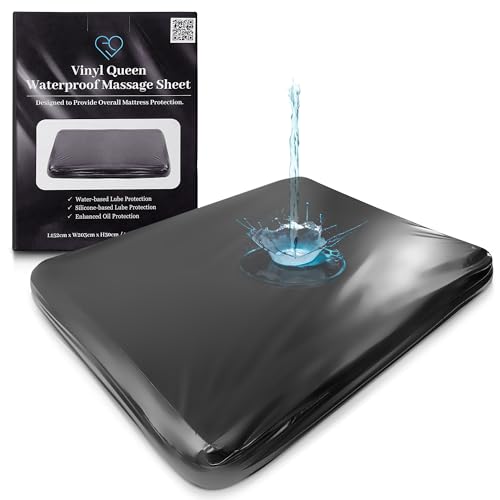 Black Vinyl Queen Waterproof Massage Sheet with Side Pocket | Fitted Queen Bed Sheet, 152 x 203 x 30 cm - Waterproof Mattress Protector, Bed Cover for Nuru Massage - Oil, Water-Based, Silicone Safe von EROTICGEL