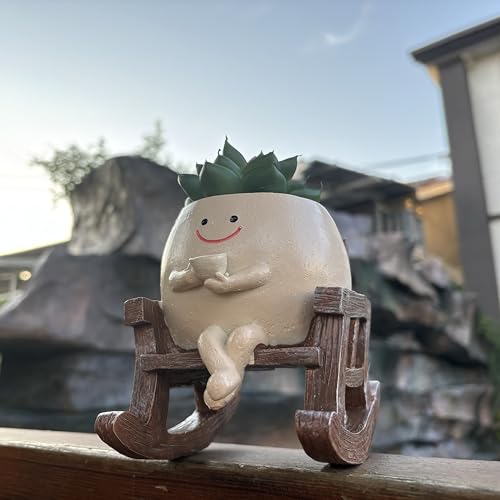 Swinging Smiley Face Plant Pot, Cute Head Swing Planter Pot, Unique Swinging Sit Schaukelstuhl Blumentopf Hält Kaffee in der Hand, Kleine Harzblumentöpfe Indoor & Outdoor für Sukkulenten, Schnur, von ERRSOU