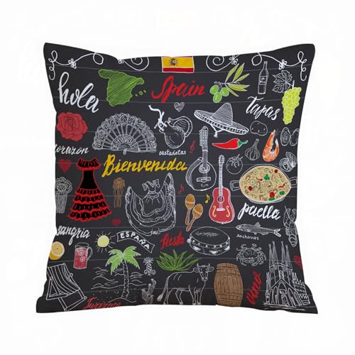 ERRTU Kissenbezug 40x40 cm,Spanien-Kritzelelemente. Handgezeichnetes Set mit spanischem Schriftzug „Essen: P,Dekokissen Kissenbezüge Deko Kissen Bezug Wohnzimmer Zierkissen für Sofa Stuhl Bett Garten von ERRTU