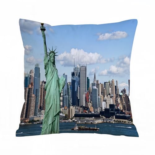 ERRTU Kissenbezug 50x50 cm,Foto Tourismus Konzept Skyline von New York mit New York Freiheitsstatue,Dekokissen Kissenbezüge Deko Kissen Bezug Wohnzimmer Zierkissen für Sofa Stuhl Bett Garten von ERRTU