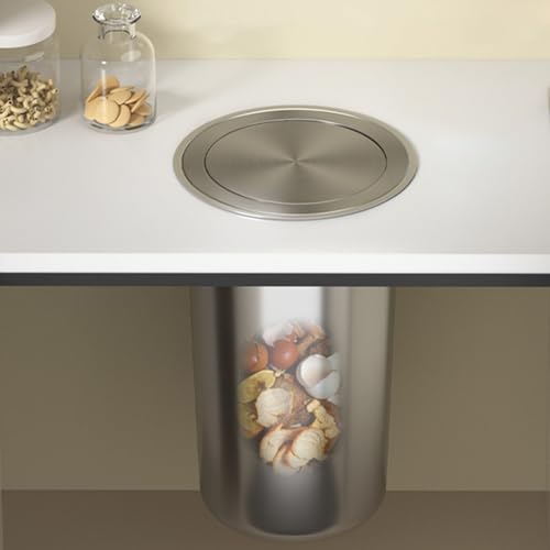 edelstahl mülleimer abdeckung Drop-in-Müllschlucker, rund, eingebauter Mülleimer aus Edelstahl für die Arbeitsplatte, versteckter Klappdeckel, eingebetteter Kochabfalldeckel(Silver,Inner 16.5cm/6.5in) von ERRULAN